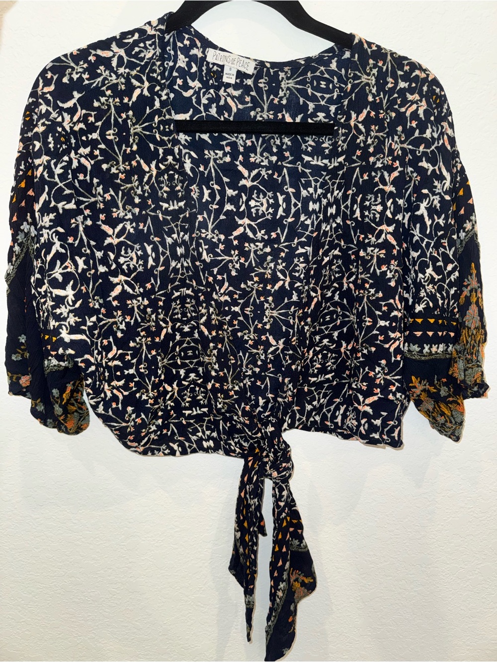 Patrons of Peace -  Navy Floral Tie-Front Cropped Summer Blouse | Boho